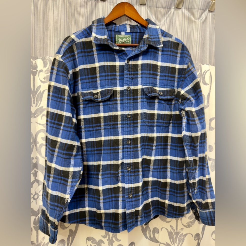 WOOLRICH Shirt Men Blue Black Tartan Plaid Flannel Shacket Hunting Outdoor Sz XL
